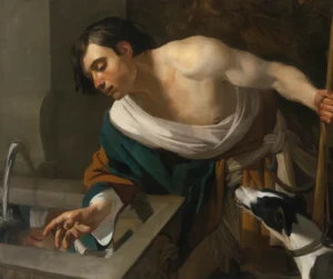 Painting of a shirtless man leaning over a fountain toward his reflection, with a small dog watching beside him.