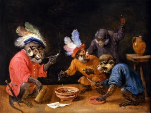Tavern painting of monkeys gathered around food and drink, with one monkey in a red jacket seated at the table.